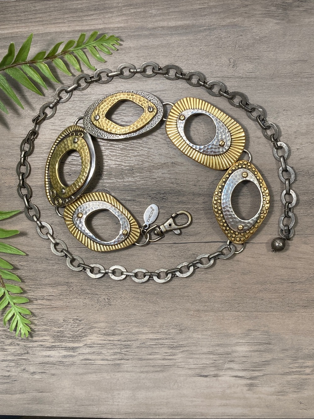 Chico’s Two-Tone Gold Silver Abstract Link Belt Artsy Boho Western